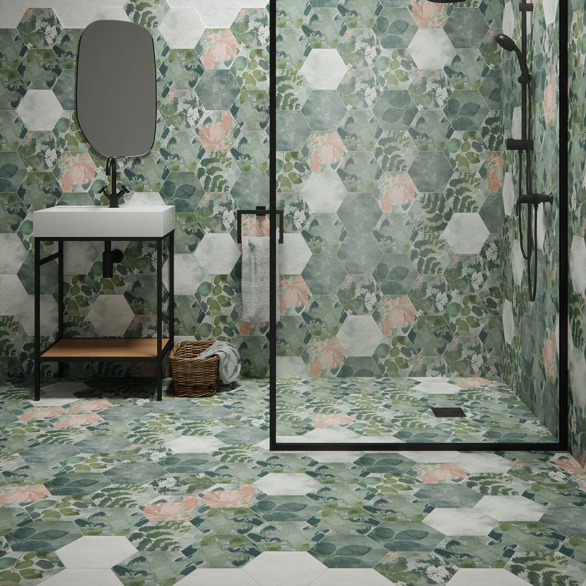 Woodland glade porcelain bathroom tiles with hexagonal green and pink floral pattern and white accents