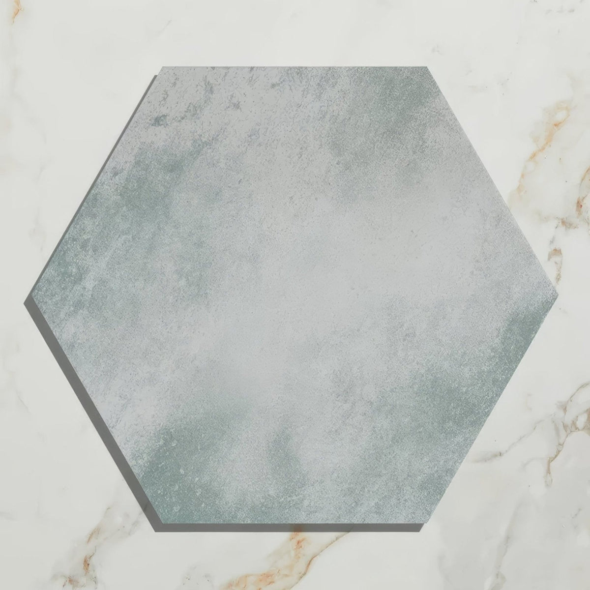 Woodland glade porcelain hexagonal tile with textured muted gray-green concrete-like surface