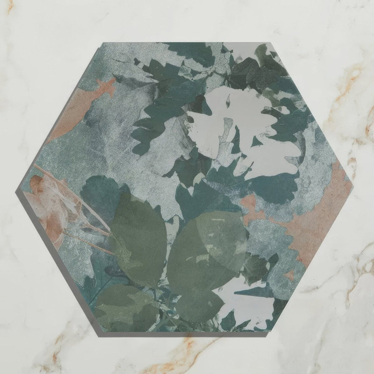 Hexagonal woodland glade porcelain tile with layered green white and earthy brown leaf patterns on textured surface