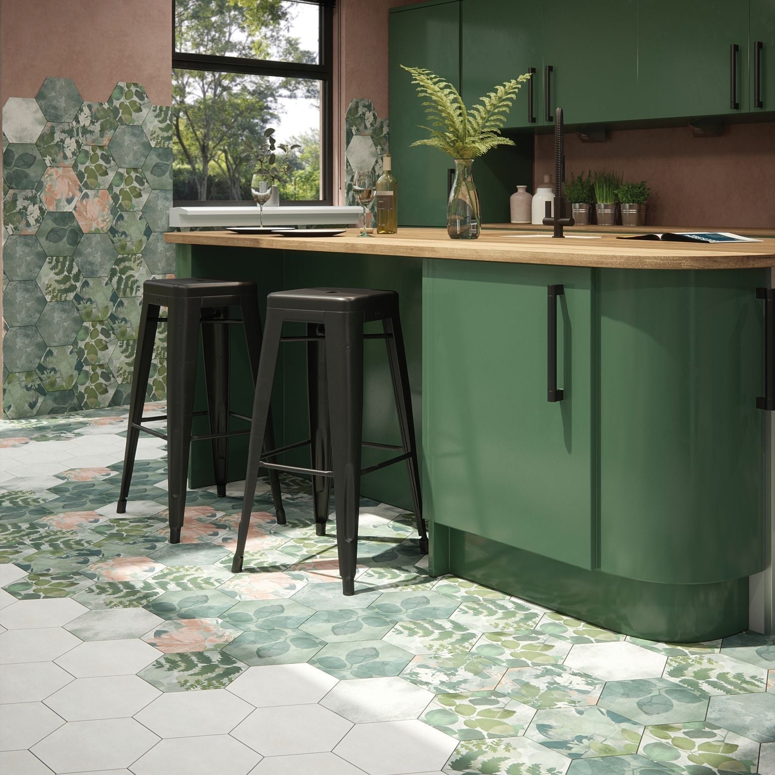 Woodland glade porcelain green hexagonal kitchen tiles with leaf and floral patterns in shades of green pink and white