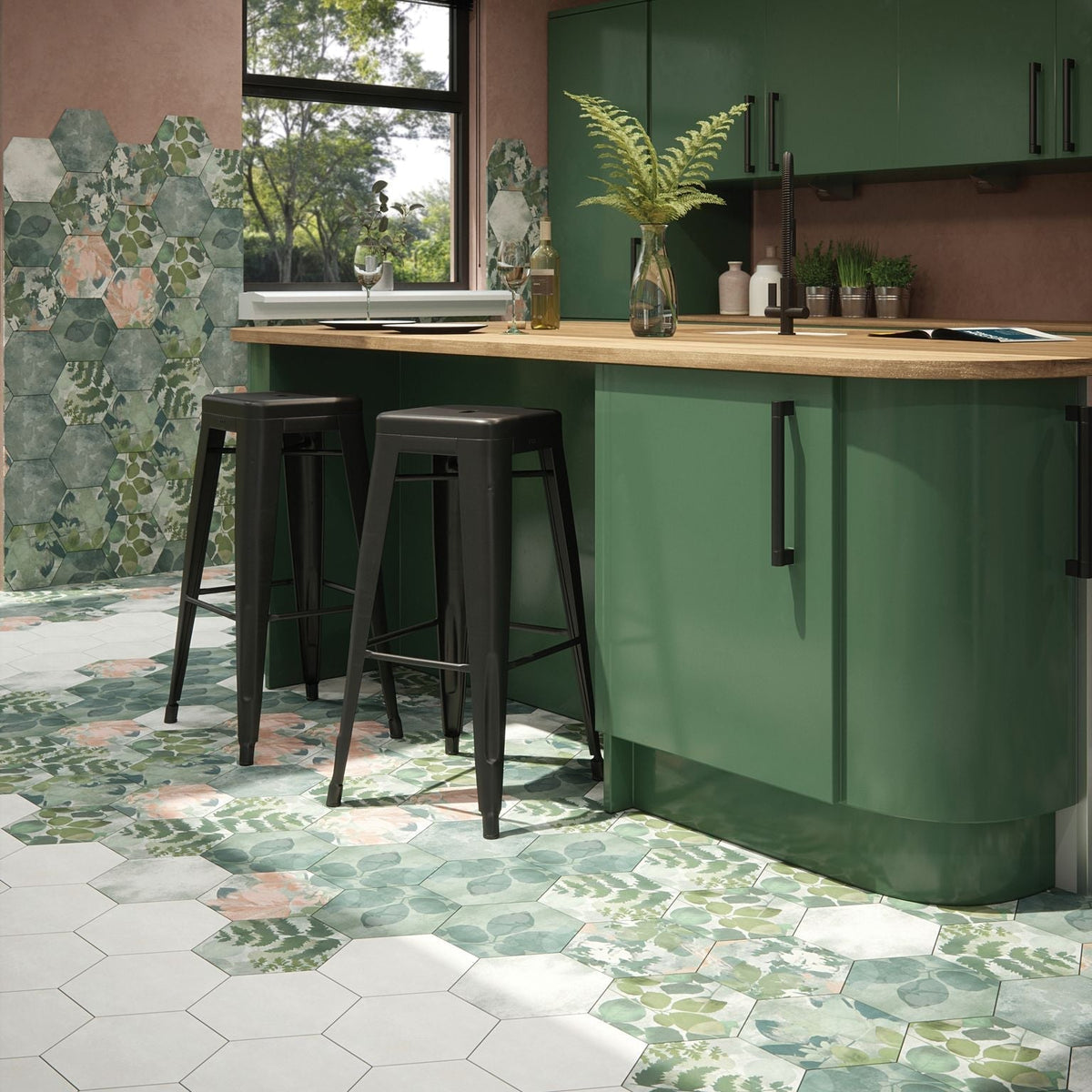 Woodland glade porcelain green hexagonal kitchen tiles with leaf and floral patterns in shades of green pink and white