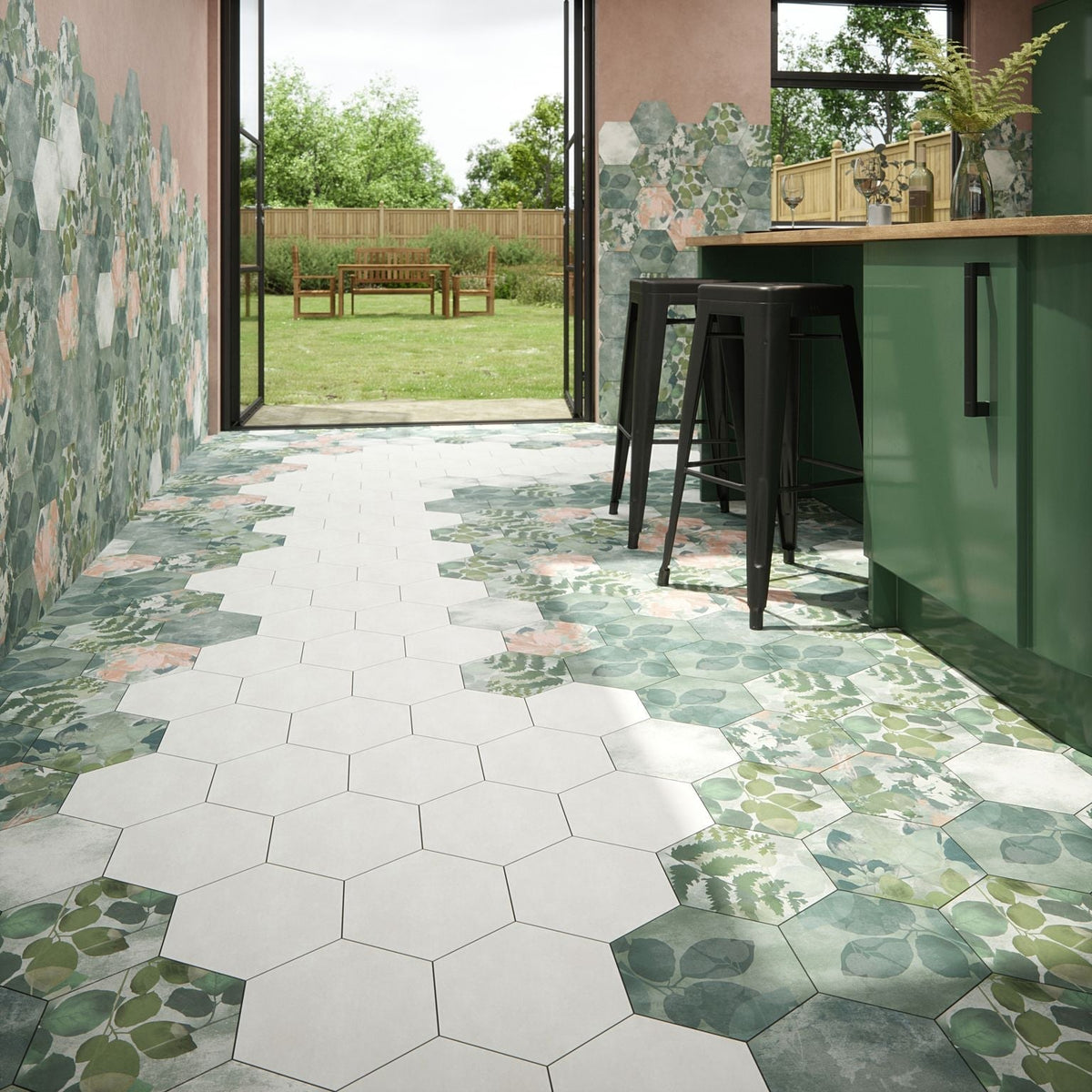 Hexagonal woodland glade porcelain floor tiles with white and green botanical leaf patterns for modern interiors