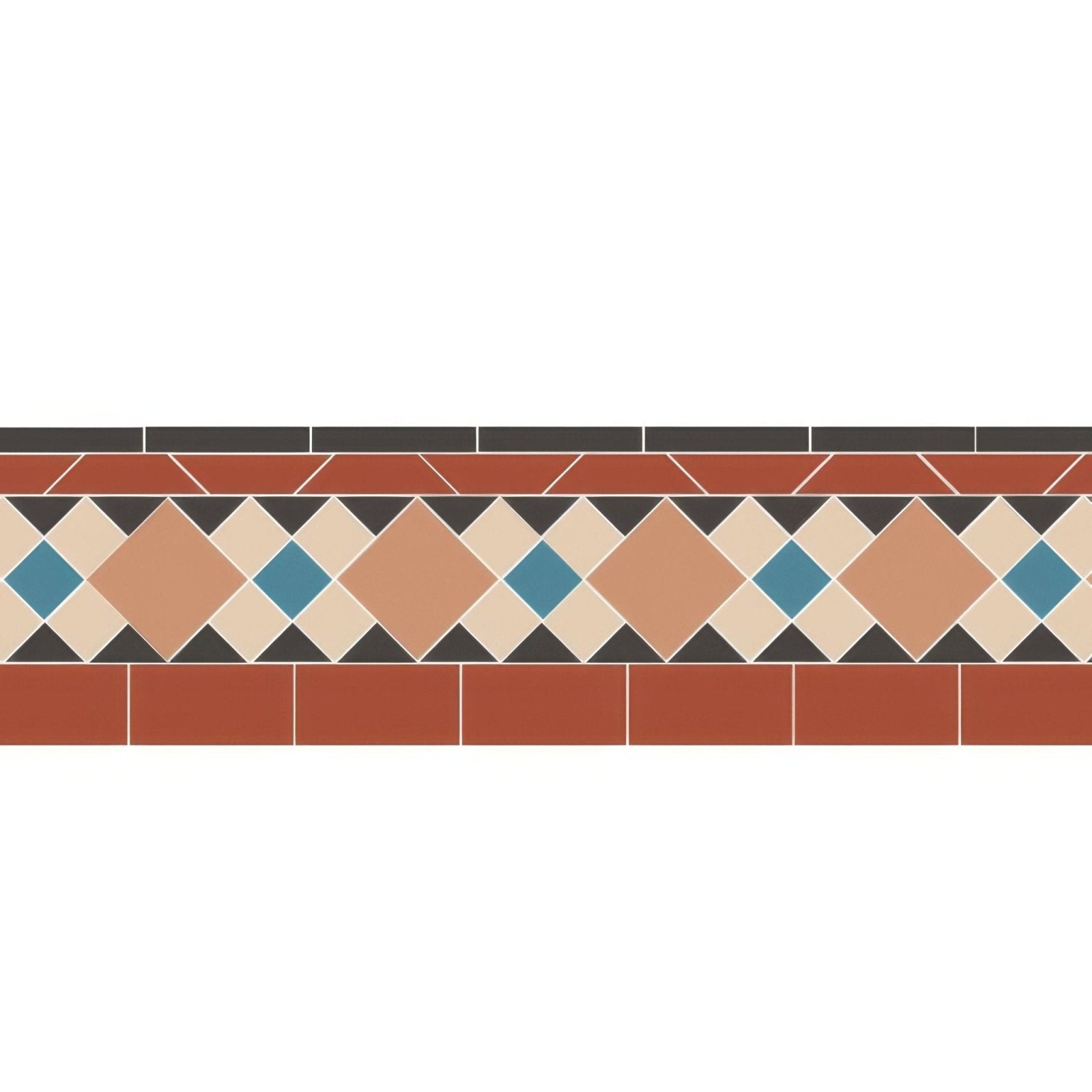Wordsworth buff blue and white terracotta and cream diamond-patterned mosaic tile border with blue accents