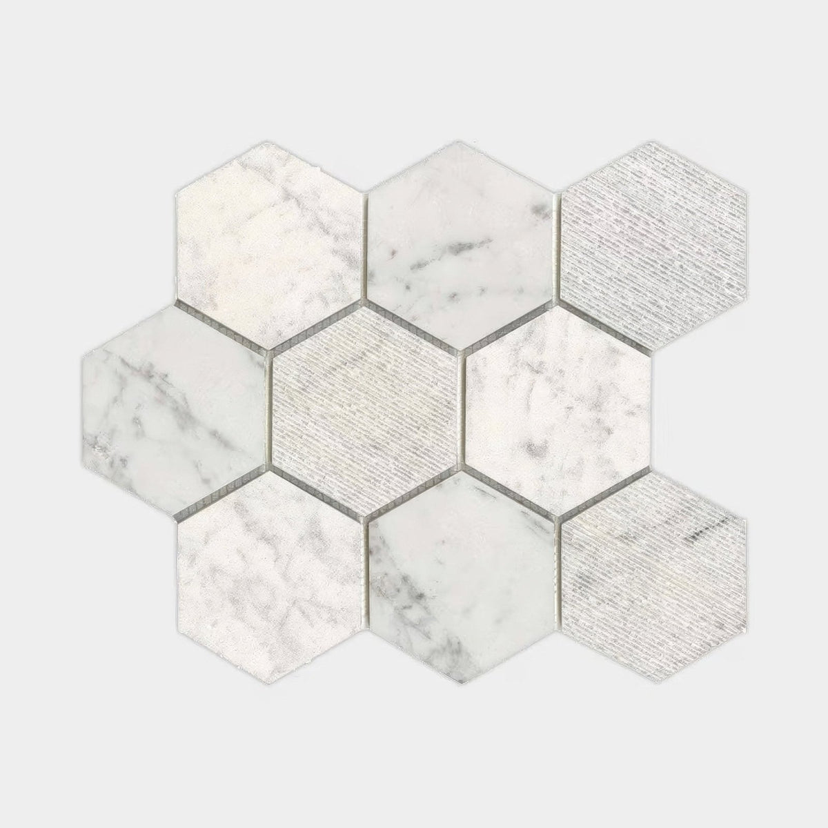 White and gray marble hexagonal mosaic tile with subtle textured finish in world hexagon tex white mosaic design