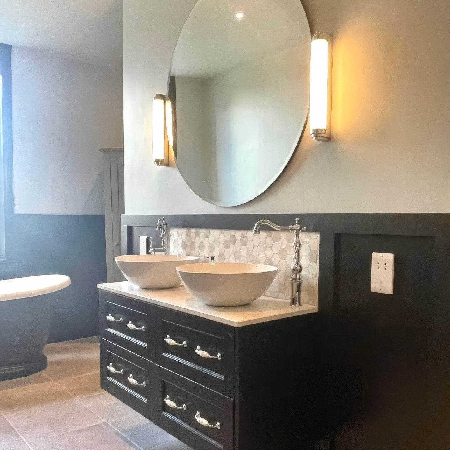 World Hexagon Tex White Mosaic white and grey hexagonal marble mosaic with a black vanity and two bowl sinks