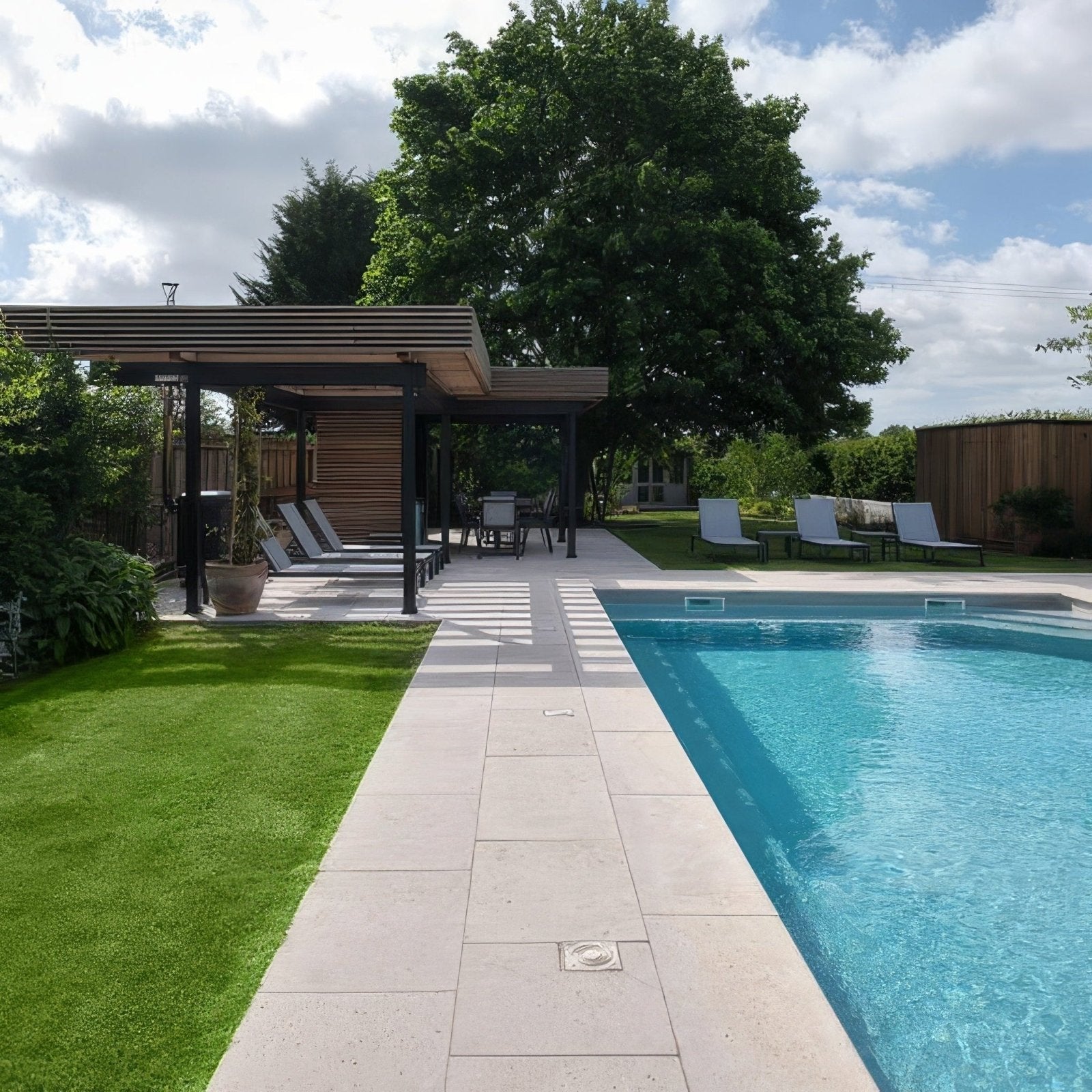 Rectangular pool with clear blue water surrounded by wychwood limestone paving etched finish in light beige
