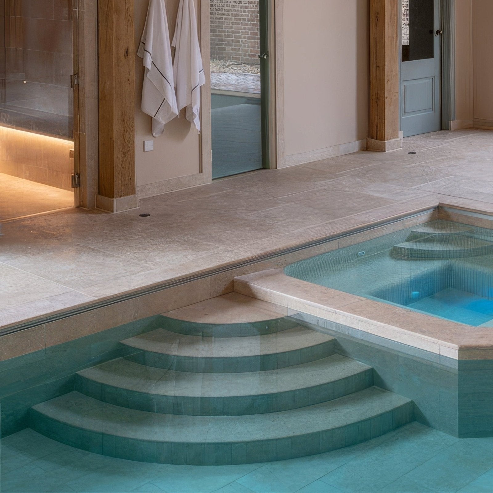 Modern indoor pool with curved tiled steps in wychwood limestone tumbled and etched finish