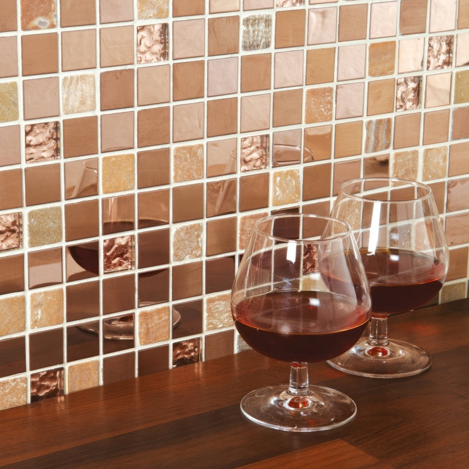 Zamo Earth And Fire Mixed Mosaics brown and copper metallic mosaic with two glasses of red wine