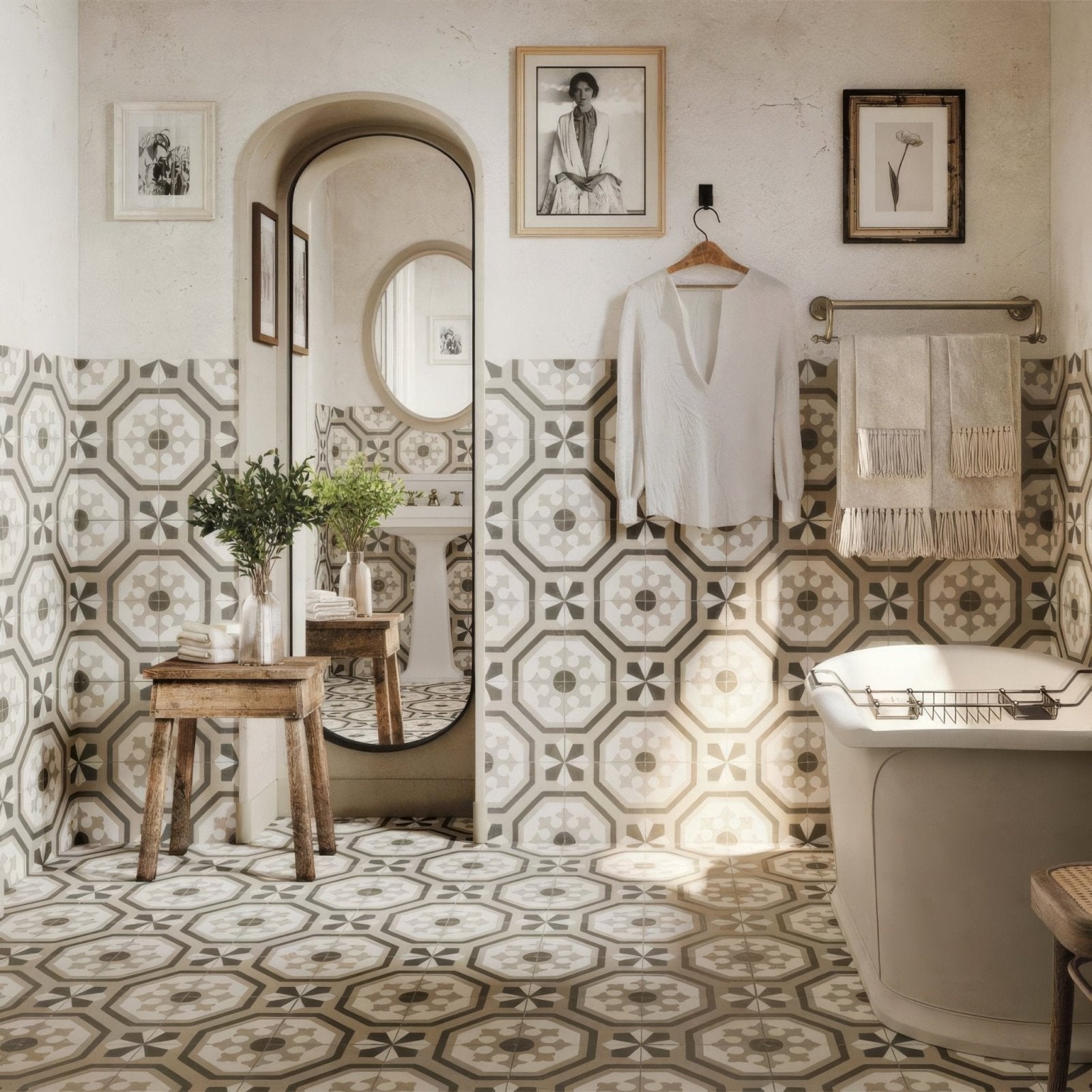 Beige and gray geometric patterned zayda grey matt vitrified ceramic tile wall with vintage aesthetic 450x450mm