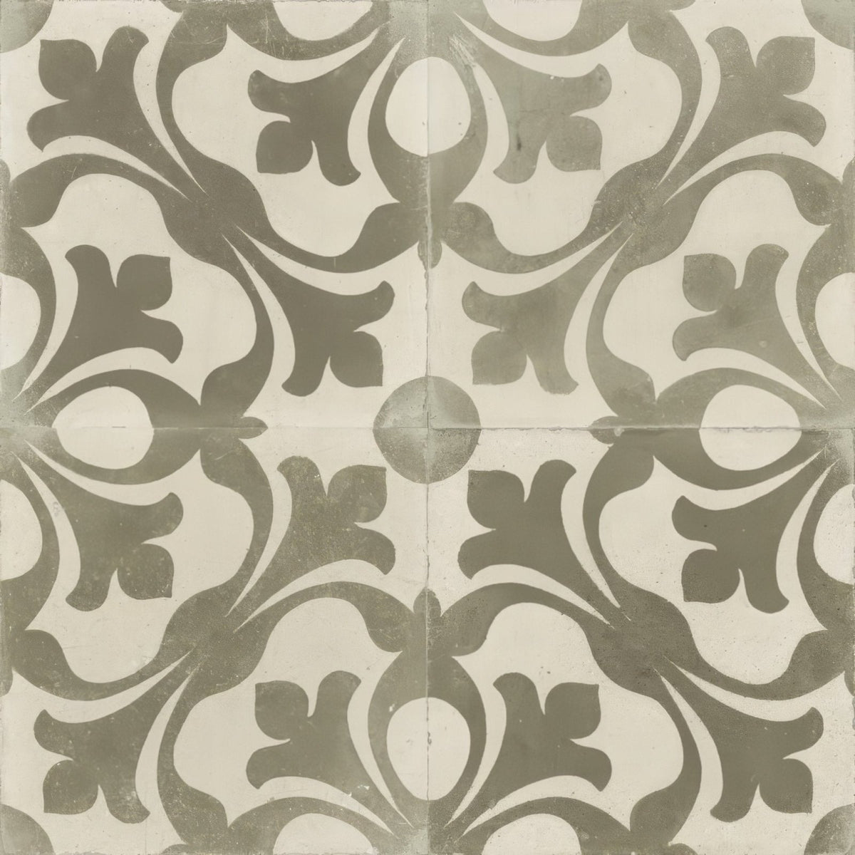 Zayda sage matt vitrified ceramic tile 450x450mm with gray and off-white ornate vintage distressed pattern