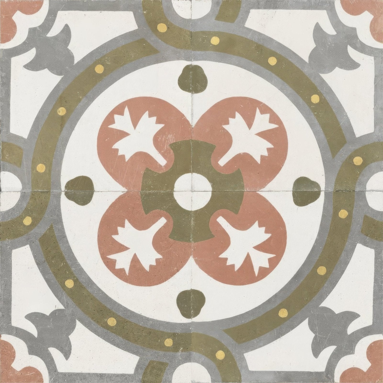 Vintage-style zayda sage multi matt vitrified ceramic tile with symmetrical floral design in terracotta olive green and gray