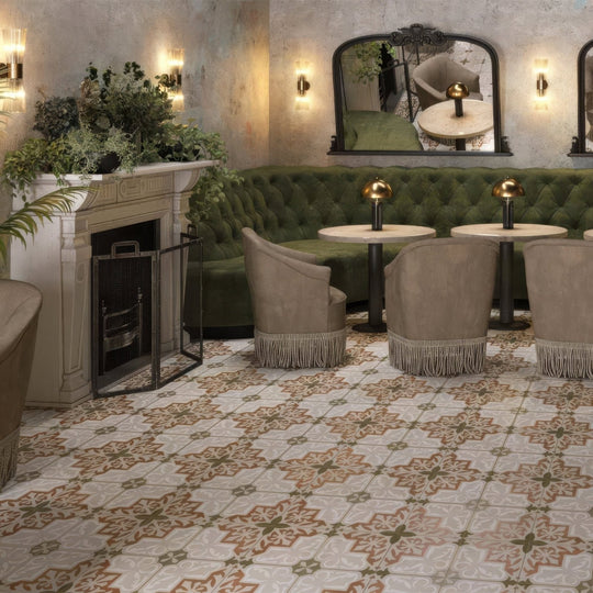 Patterned zayda terracotta matt vitrified ceramic floor tiles with intricate beige brown and olive green floral designs 450x450mm