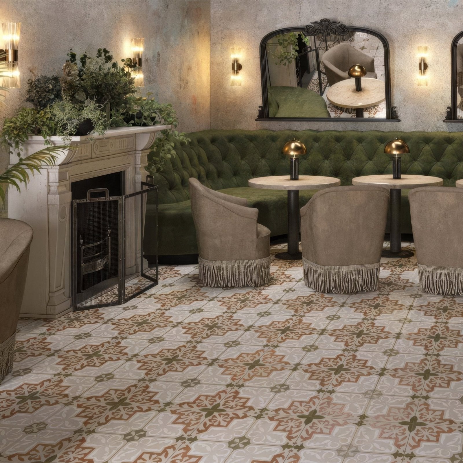 Patterned zayda terracotta matt vitrified ceramic floor tiles with intricate beige brown and olive green floral designs 450x450mm
