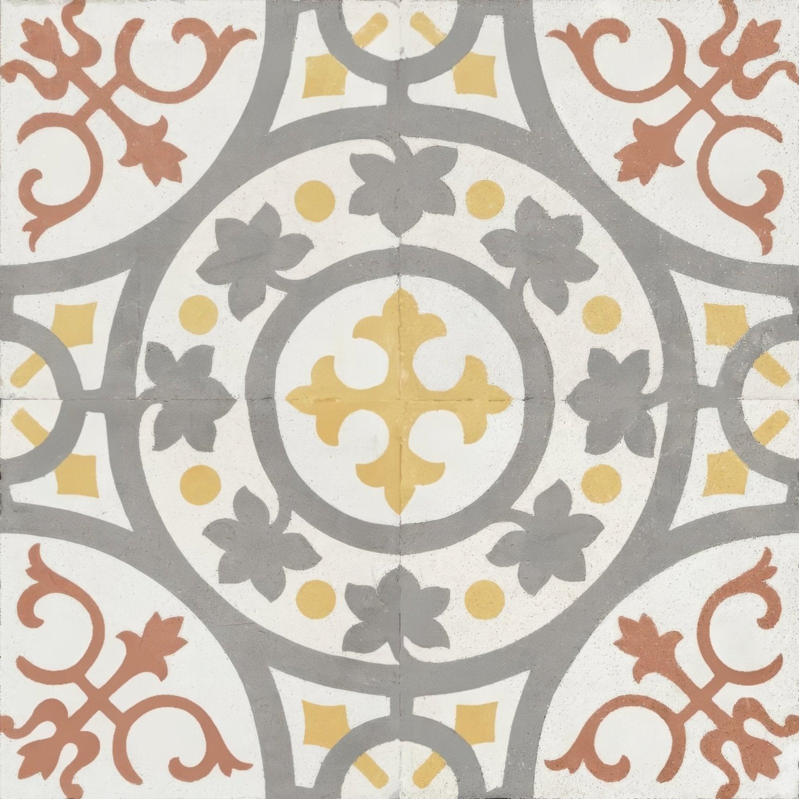 A decorative zayda yellow multi matt vitrified ceramic tile 450x450mm with symmetrical gray yellow and terracotta motifs