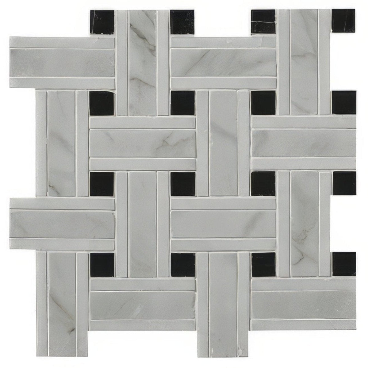 Zen marble grand basket weave mosaic showing gray marble and black mosaic tile in a woven pattern surface