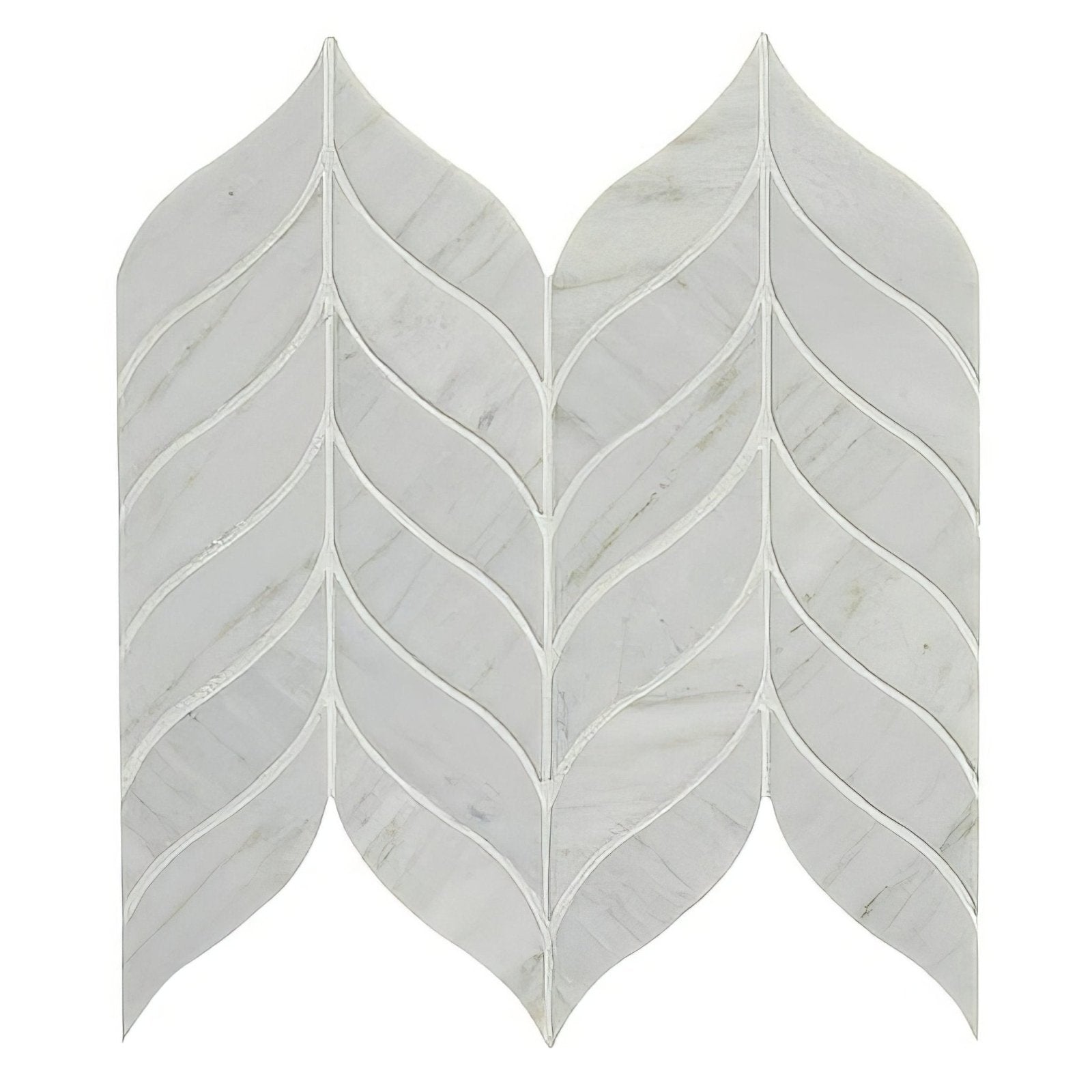 White marble leaf mosaic tile featuring a curved herringbone pattern with a leaf-like design for elegant spaces
