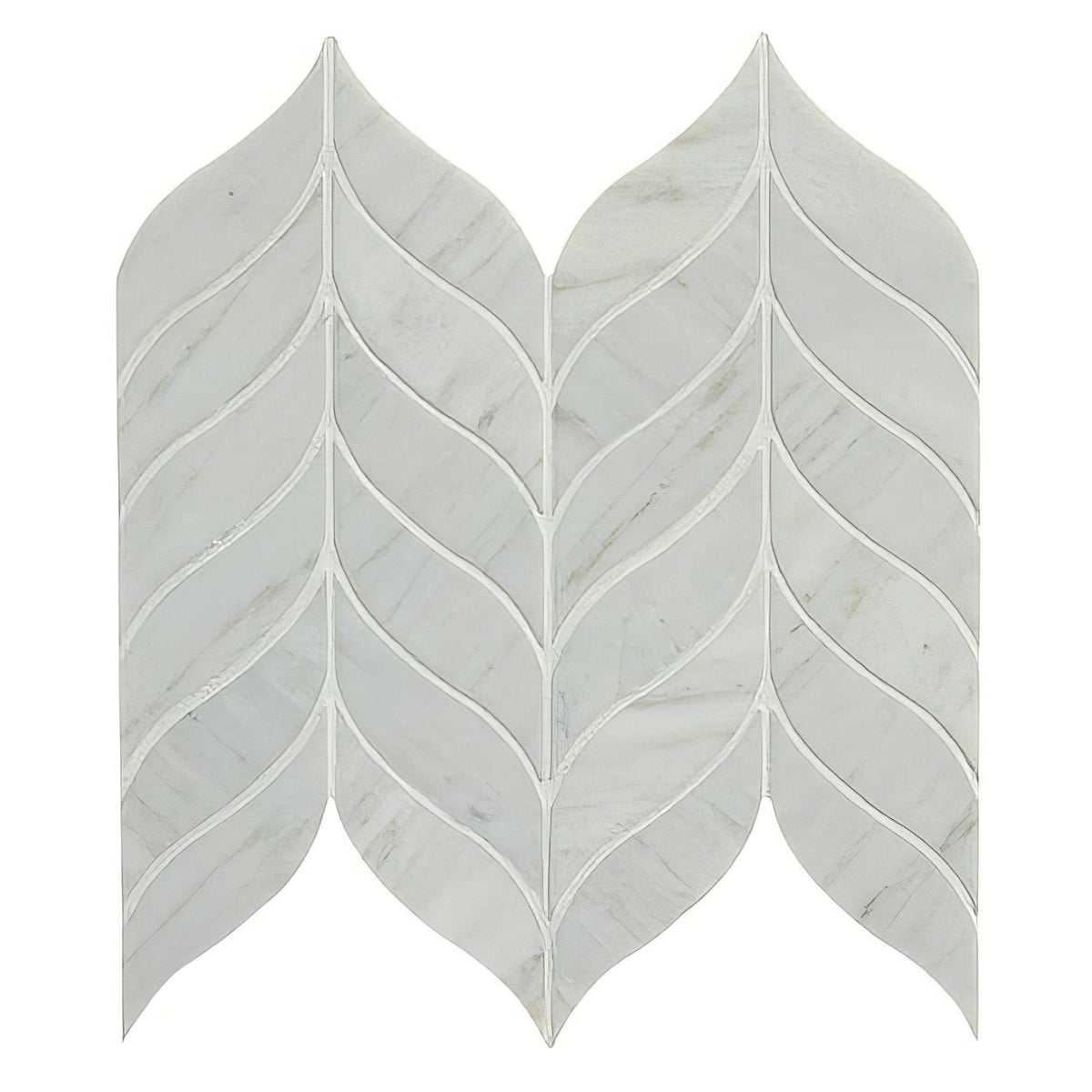 White marble leaf mosaic tile featuring a curved herringbone pattern with a leaf-like design for elegant spaces