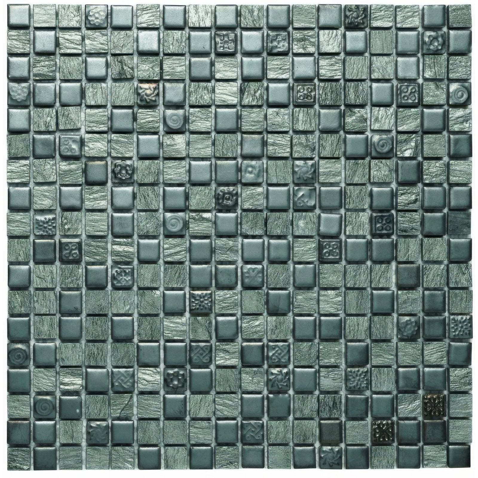Zoe 30 x 30cm teal metallic mosaic tile panel with textured square tiles featuring subtle patterns and a glossy finish