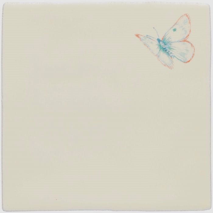 A delicate watercolor blue and pink butterfly illustration on a pale cream ceramic tile titled amethyst aurora pastel on palomino