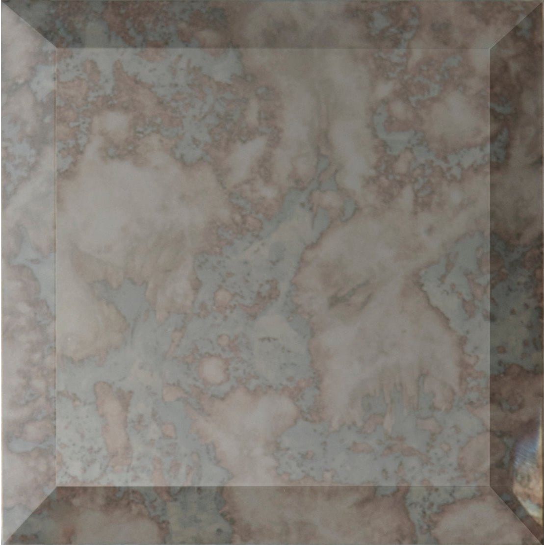 Beige and gray marbled tile antique mirror bevel finishing piece with subtle natural stone texture