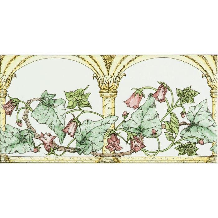 A delicate floral wallpaper border with climbing pink bellflowers green leaves and gold arches on brilliant white