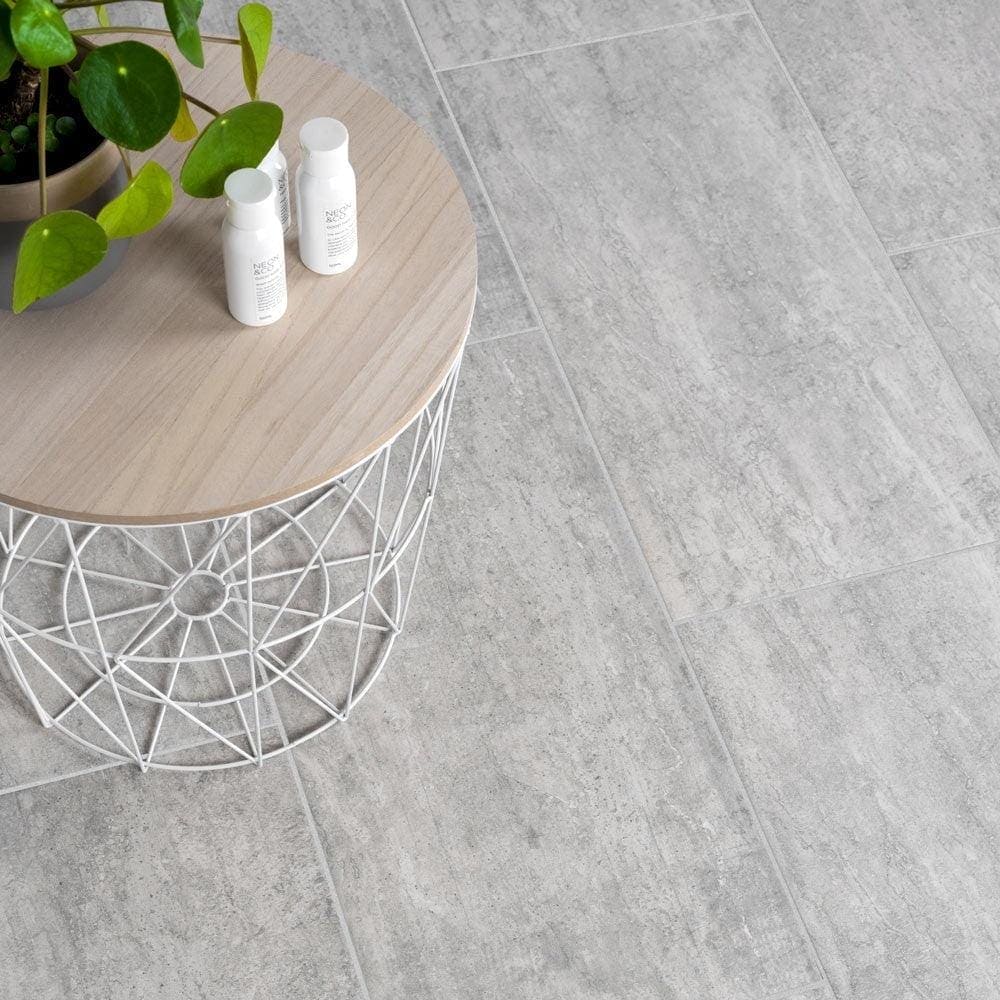 Gray stone-effect atrium marte gris floor tiles with subtle veining and matte finish for indoor use