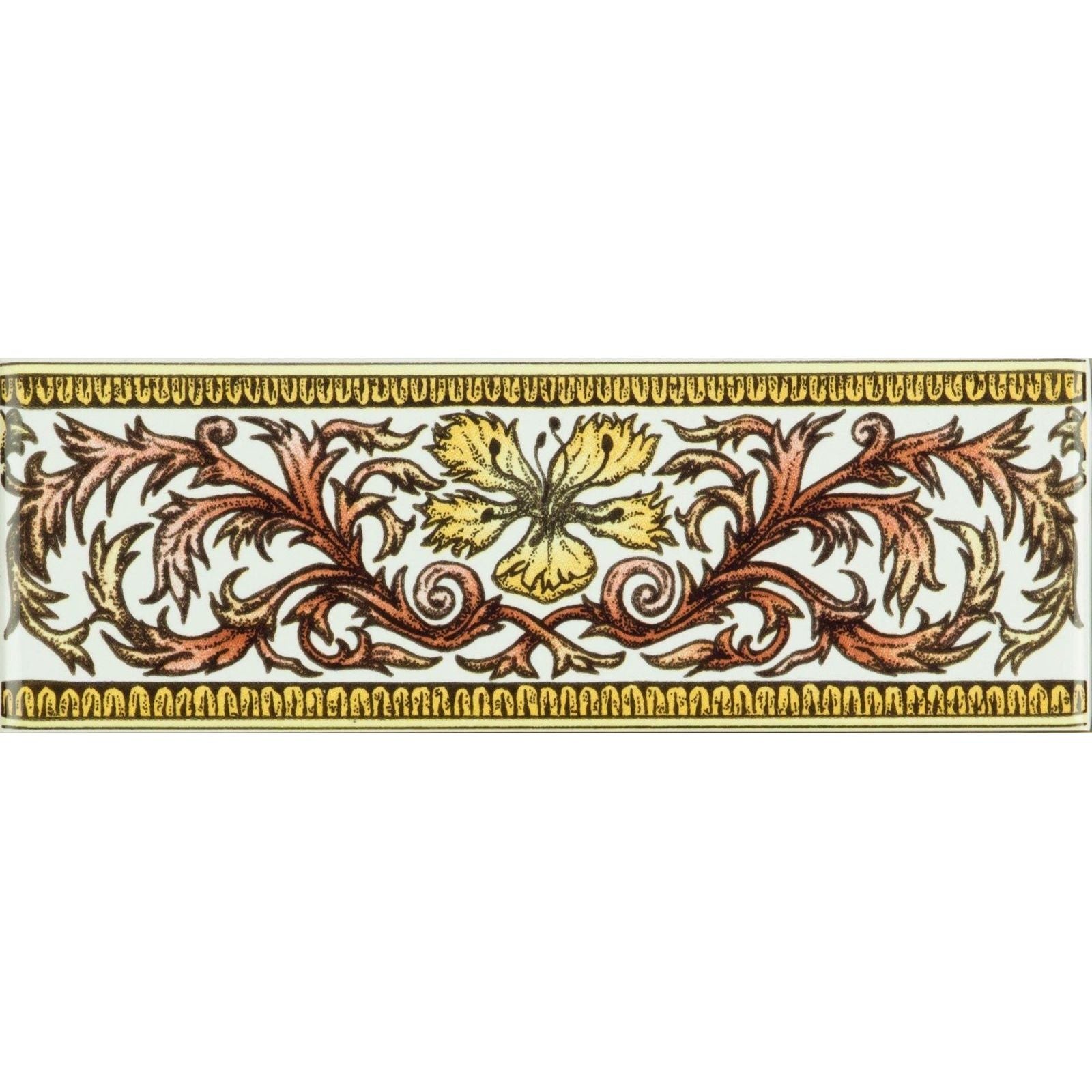 A rectangular ceramic tile with ornate vintage gold and rust floral pattern on a cream background for decorative borders