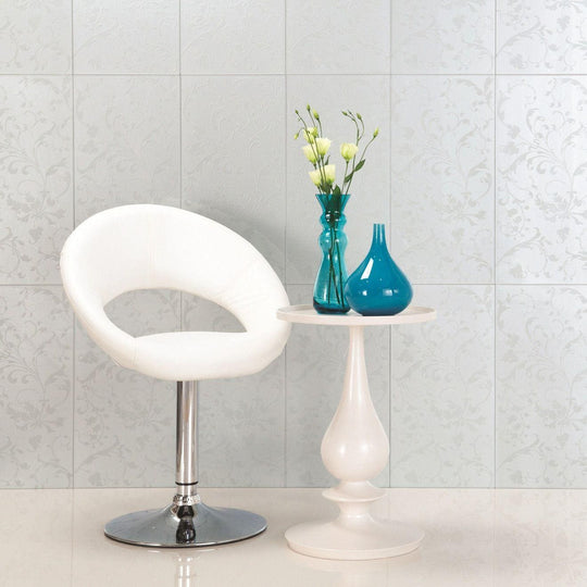 Beauville Silver Decorative Glass white decorative glass tiles with a white upholstered bar stool