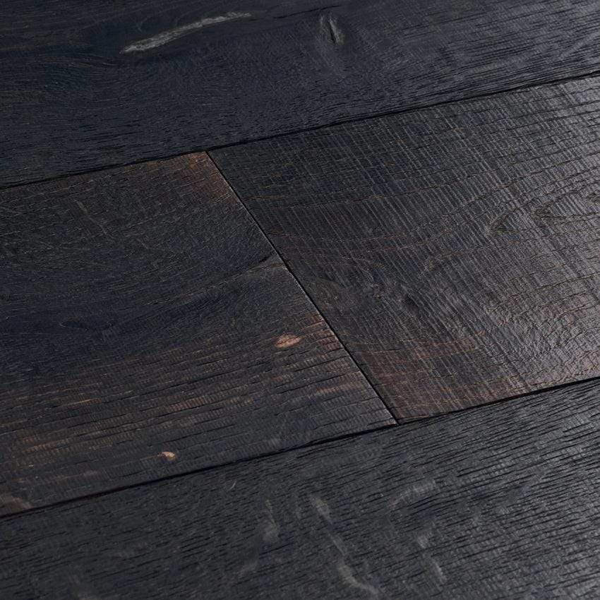 Dark charcoal-colored hardwood floor planks with rustic textured grain and natural imperfections berkeley cellar oak