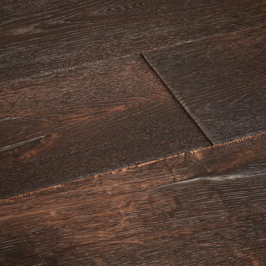 Dark brown hardwood flooring berkeley charterhouse oak with rustic distressed finish and visible wood grain patterns