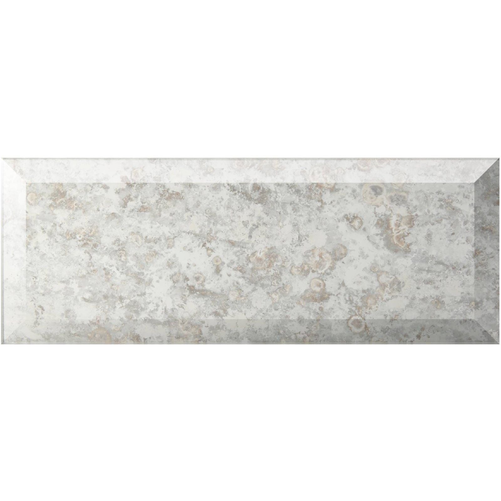 Rectangular bevelled brick antique mirror white mosaic tile with a subtle mottled gray and white veined pattern