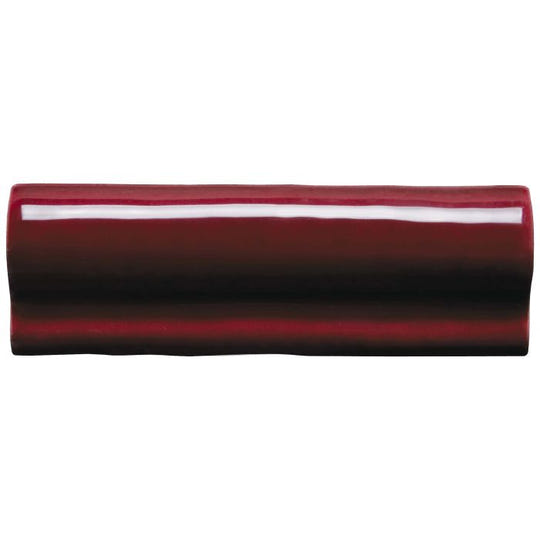 Blackberry Torus moulding glossy elongated ceramic tile with deep red to black gradient and white horizontal stripe