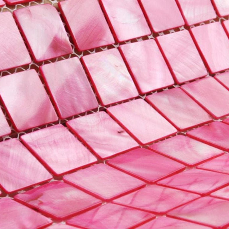 Blush 25mm square pink rectangular shell mosaic tiles with glossy iridescent finish in interlocking pattern
