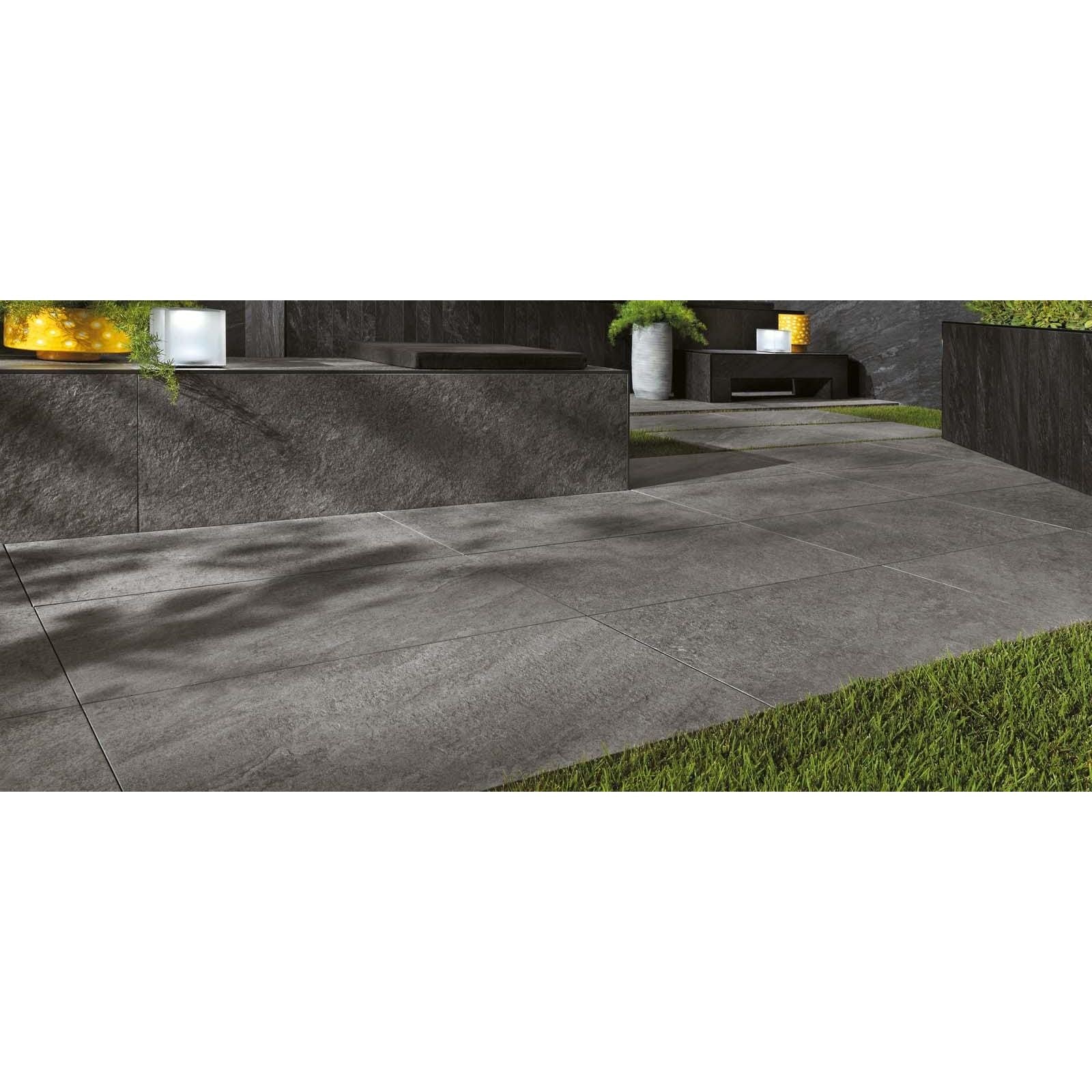 Bravestone outdoor grey 20mm dark gray stone-effect patio tiles with textured natural surface for outdoor use