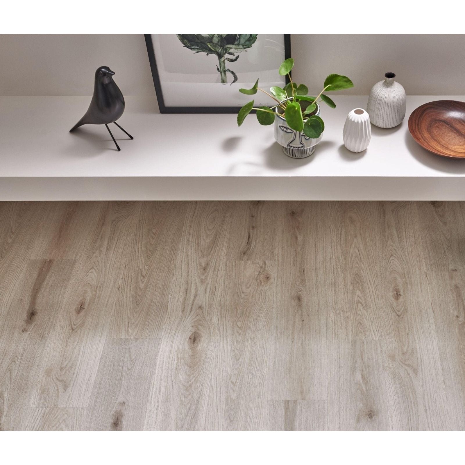 Brecon ivory oak light gray wood-grain laminate flooring with natural subtle texture and realistic grain pattern