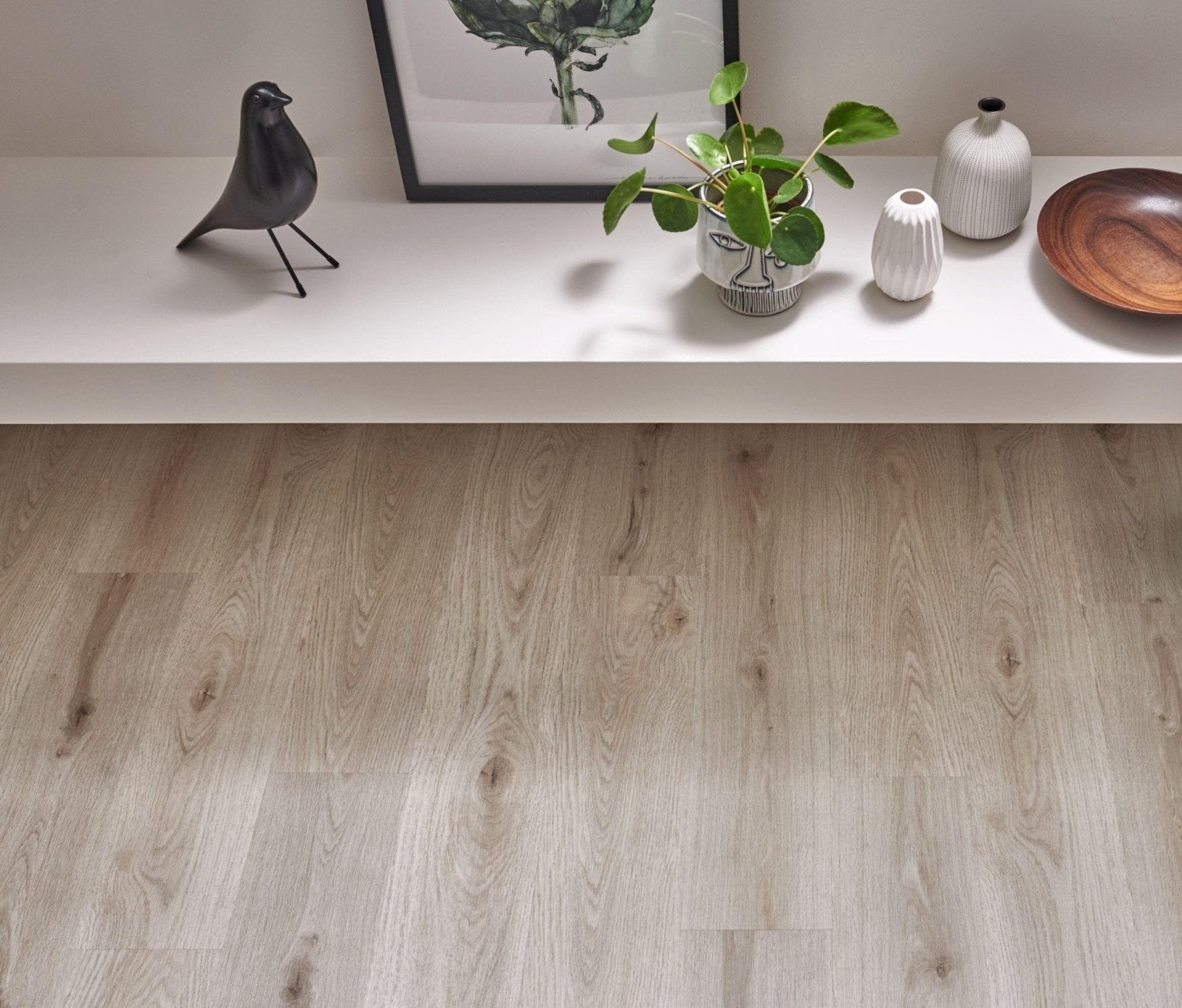 Brecon ivory oak light gray wood-grain laminate flooring with natural subtle texture and realistic grain pattern