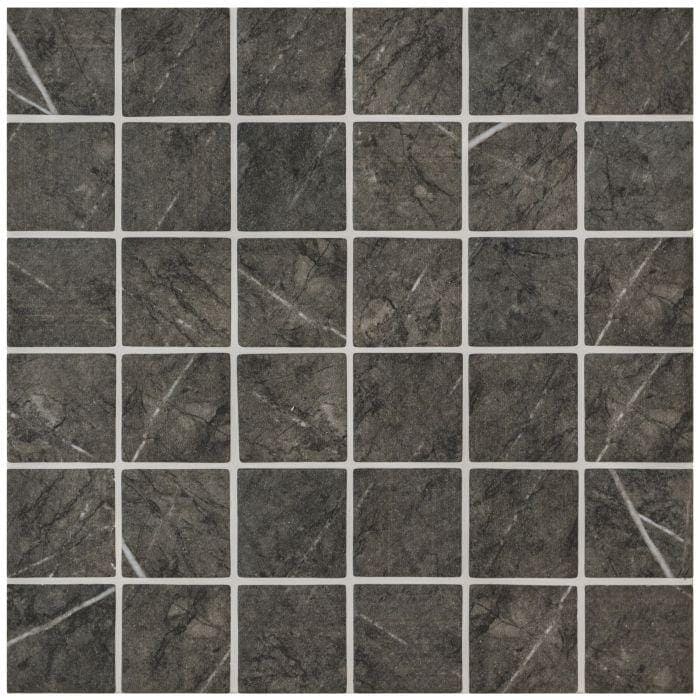 Burano grey recycled glass mosaic features dark gray tiles with subtle white veining and a polished smooth surface