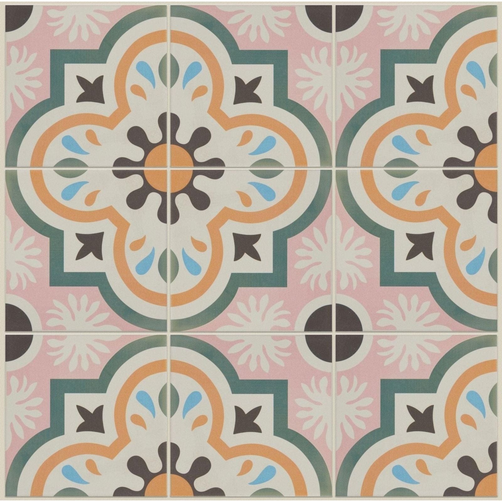 Pastel pink and cream cabana porcelain tile with intricate orange teal black and light blue quatrefoil pattern floor tile
