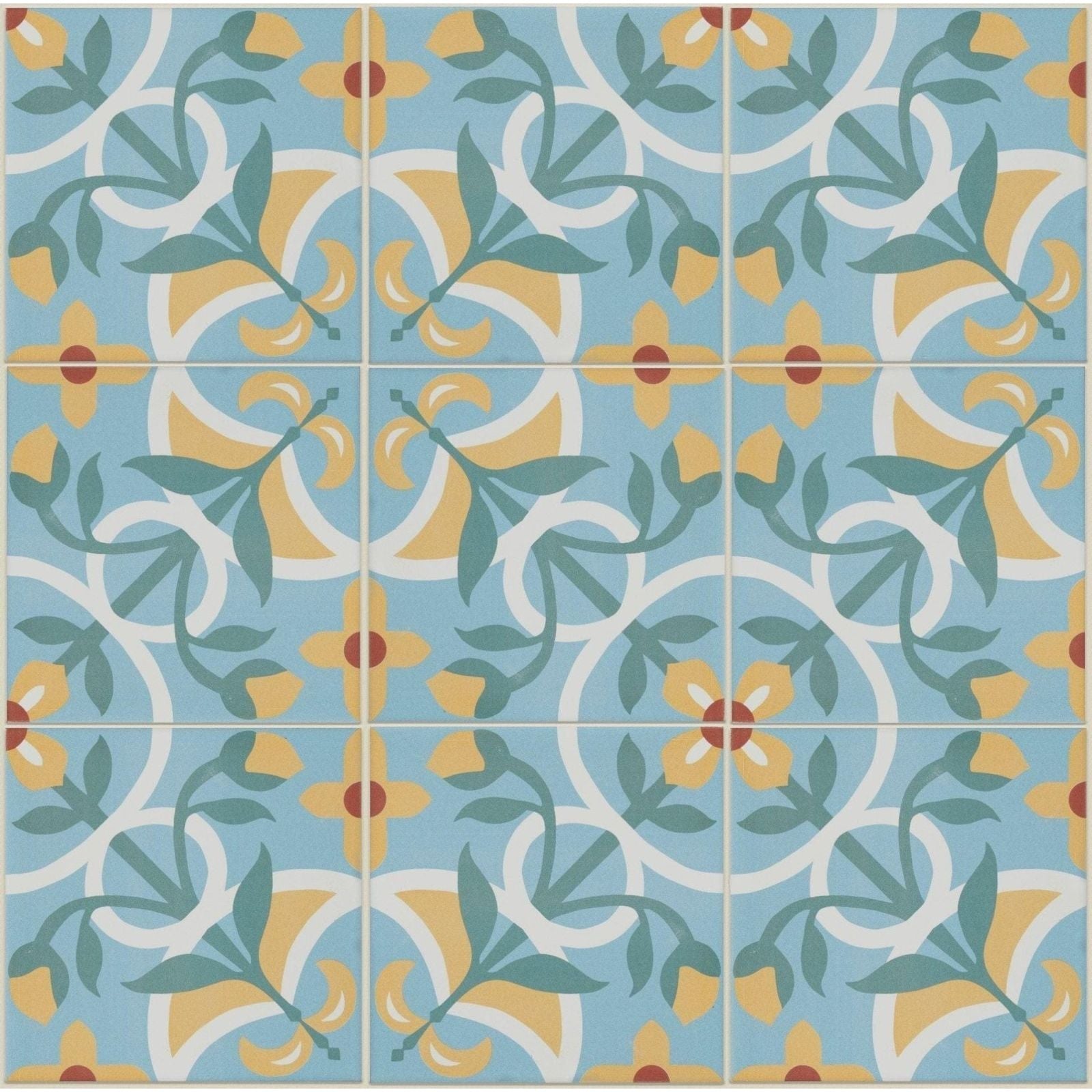 Cabana porcelain sicily ceramic tiles with blue and yellow floral pattern and white outlines for wall or floor use