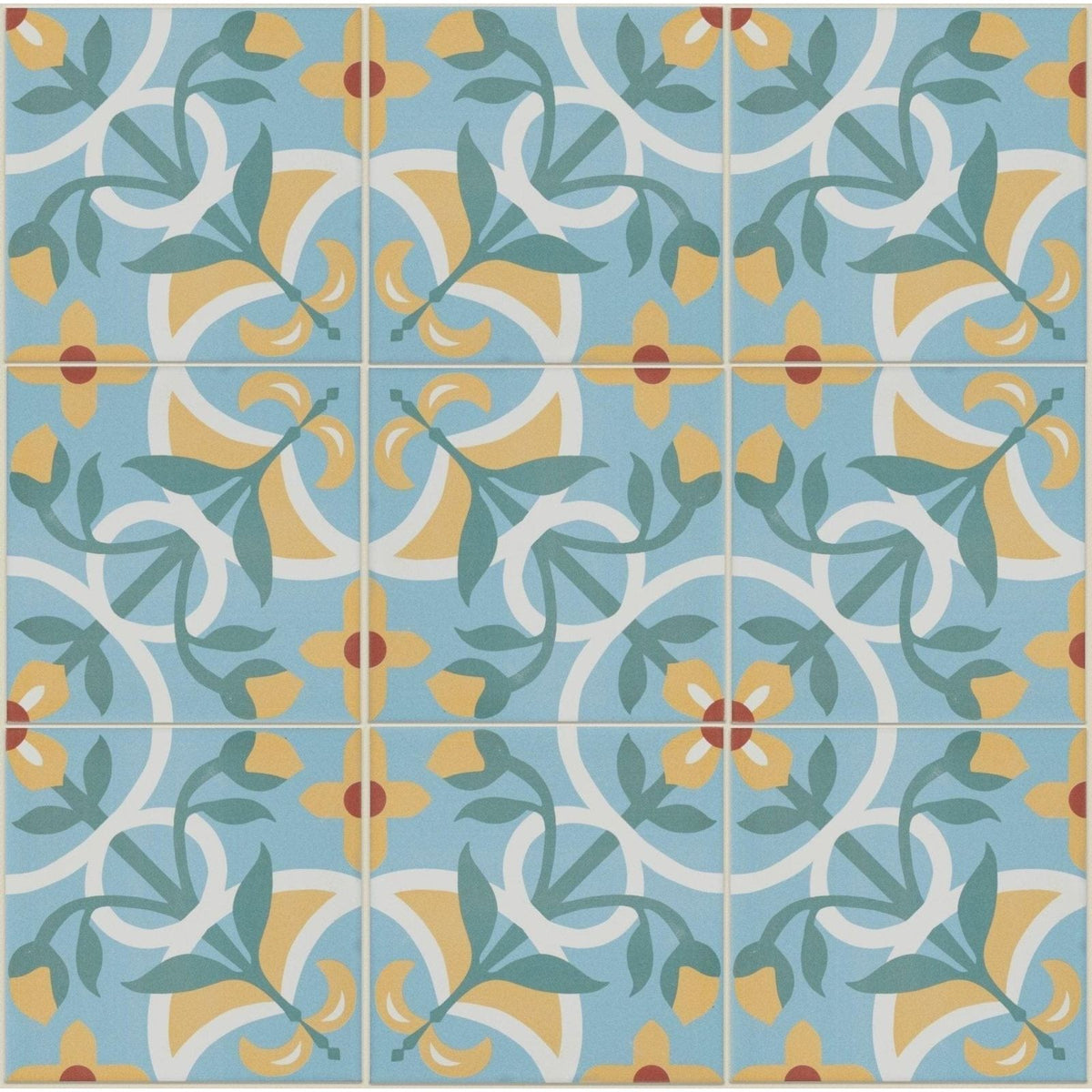 Cabana porcelain sicily ceramic tiles with blue and yellow floral pattern and white outlines for wall or floor use