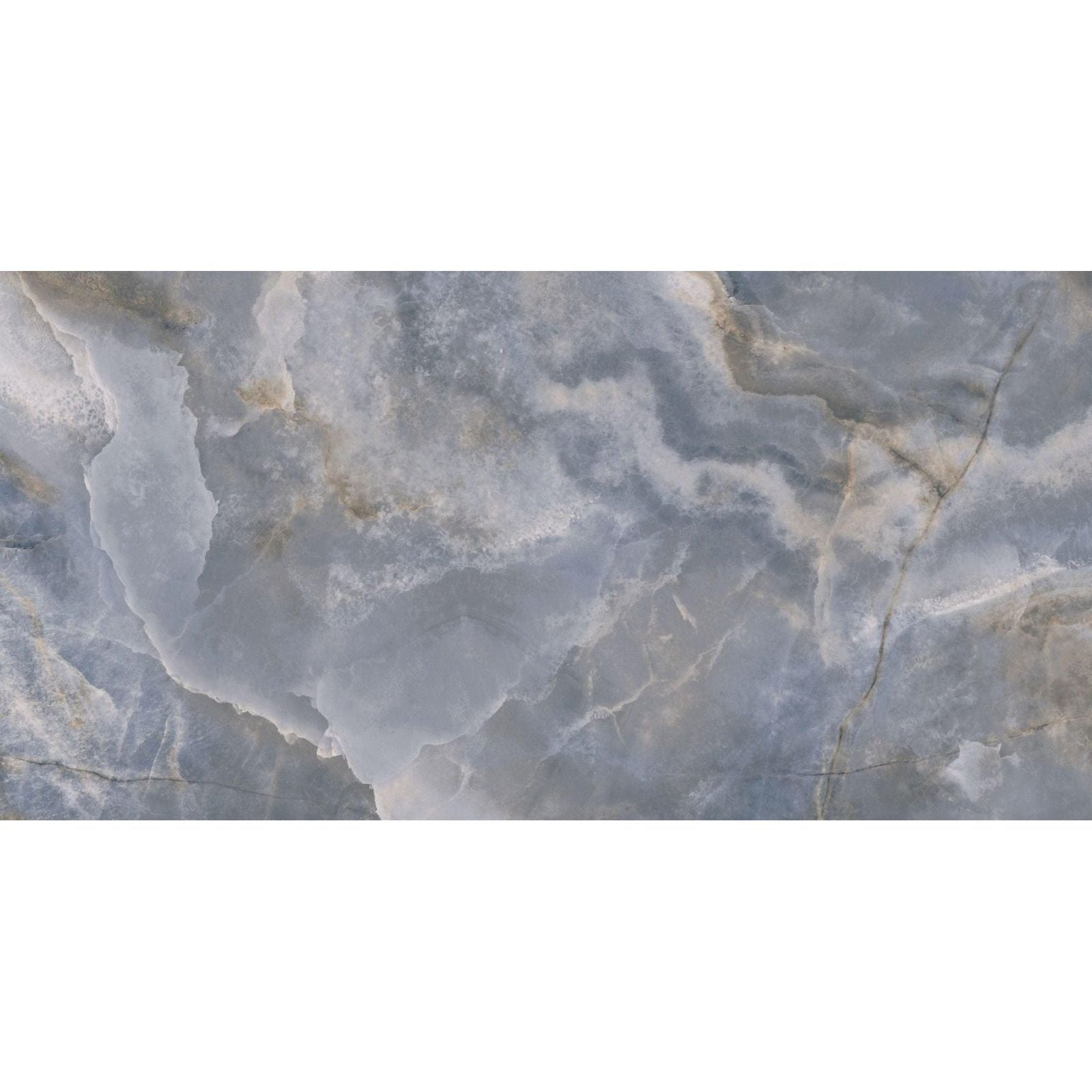 Blue-gray marble porcelain tile with swirling white and beige veining california porcelain ocean design