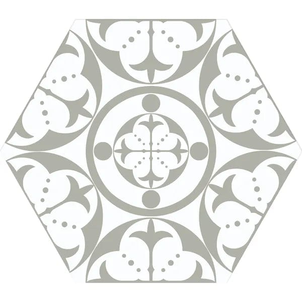 Carnaby hexagon grey tile with intricate gray and white floral pattern on hexagonal ceramic surface