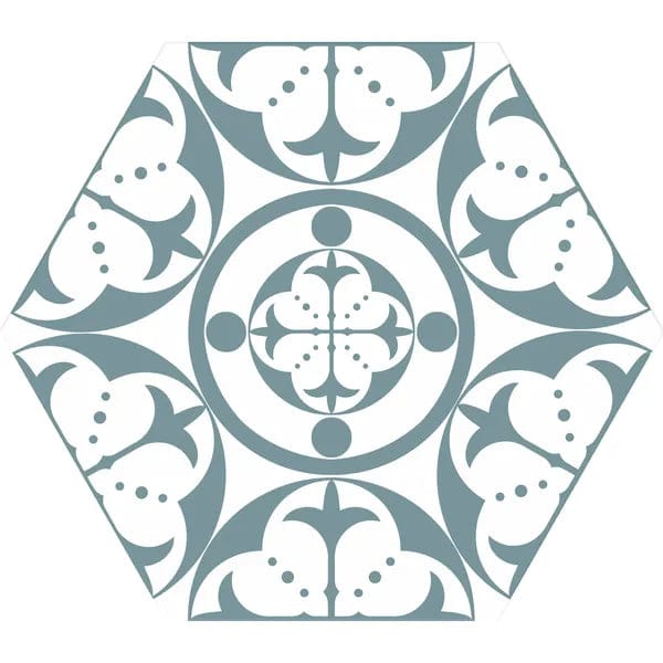 A carnaby hexagon sky ceramic tile with a symmetrical ornate pattern in muted teal and white