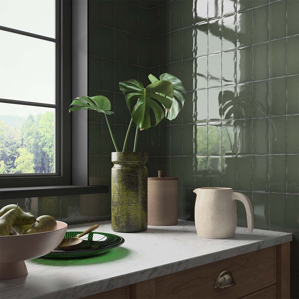 Clay Olive Ceramic Glazed Wall Tile 65x130mm olive green glazed wall tiles with a green ceramic vase and monstera plant