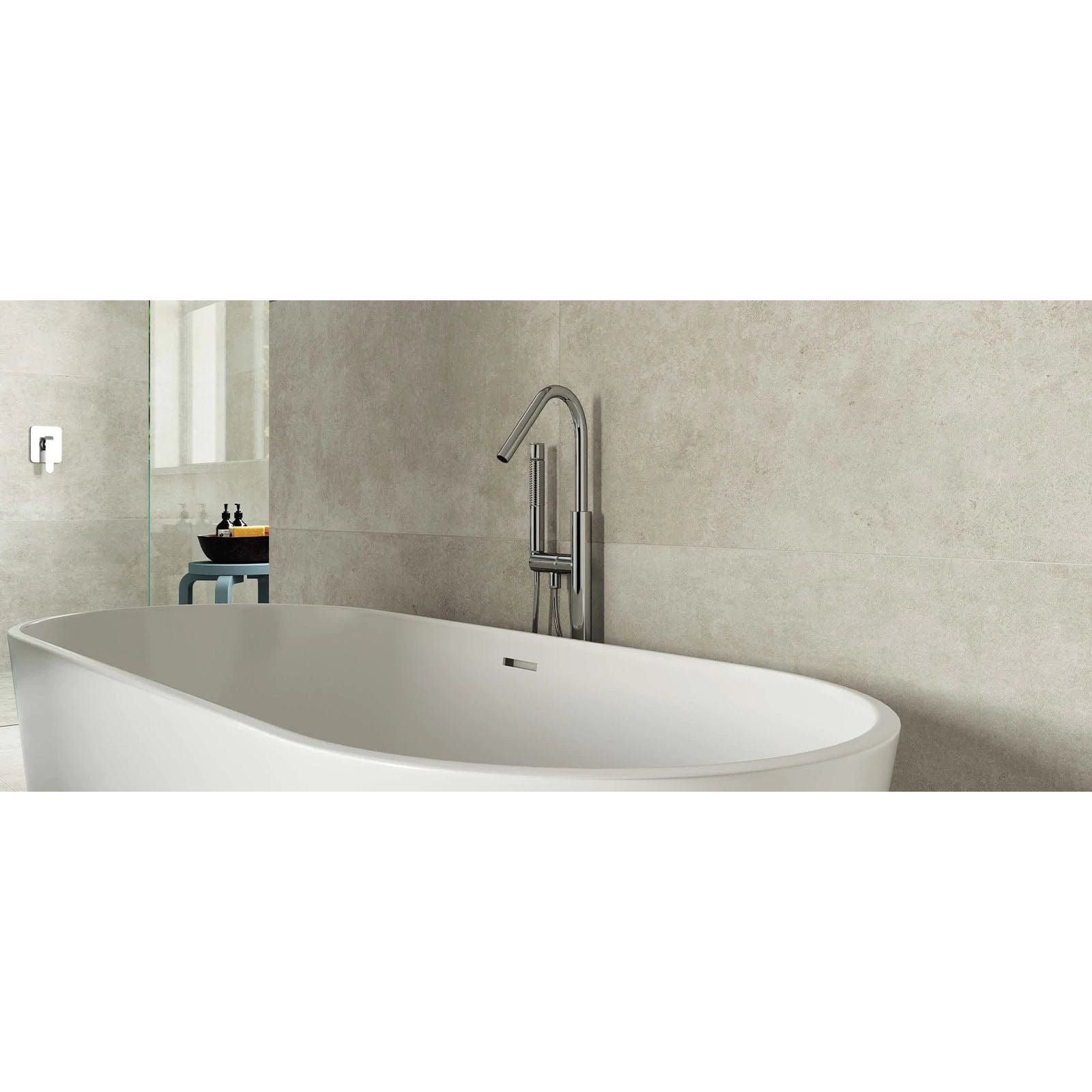 Modern freestanding white ceramic bathtub with a sleek matte finish and tall chrome faucet in 30 x 60cm size