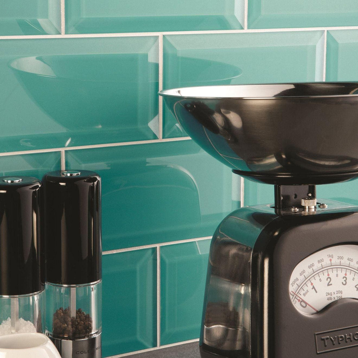 Colorado Clear Bevel Glass turquoise bevelled glass tile with a vintage kitchen scale
