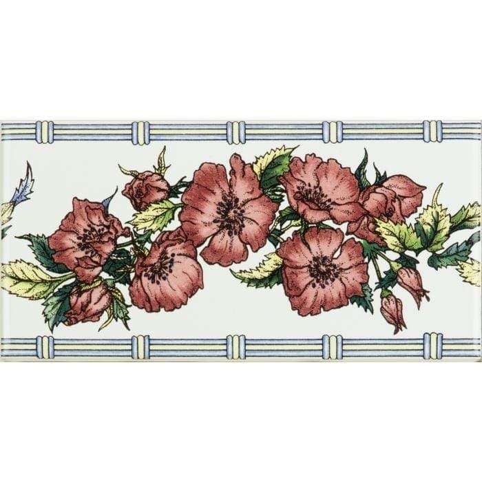A rectangular ceramic tile with corded poppies red floral design and light blue decorative border on brilliant white