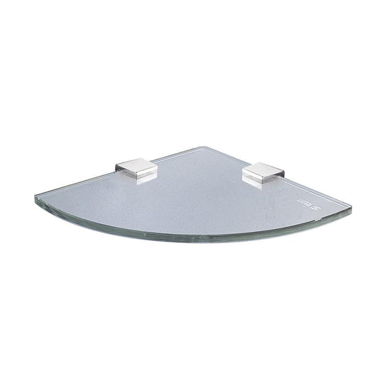 Clear glass corner shelf with chrome silver metal mounting brackets for modern bathroom or kitchen storage