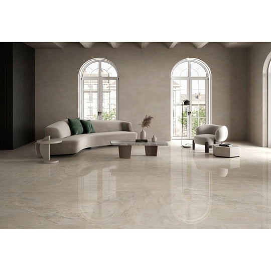 Beige creme delicato polished porcelain floor tiles with marble effect subtle veining and glossy finish