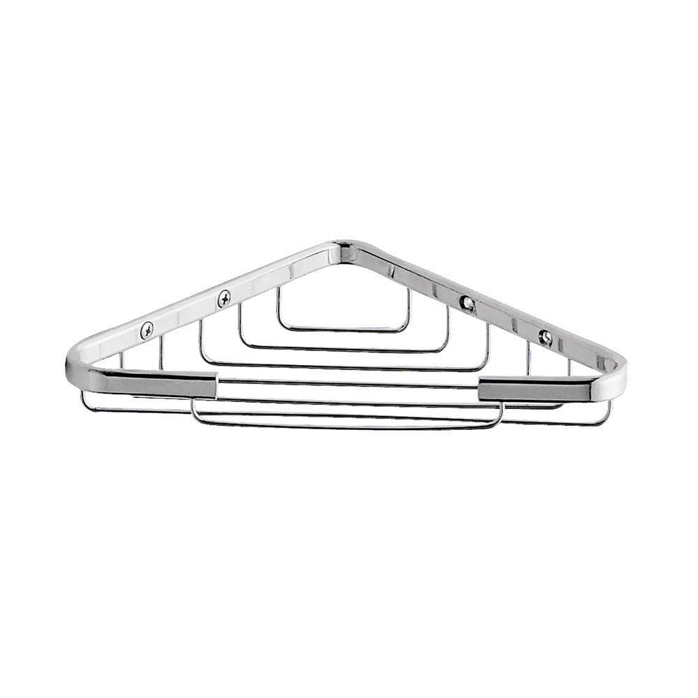 Dakota corner basket chrome finished triangular corner shower caddy with wire mesh design and flat horizontal bars